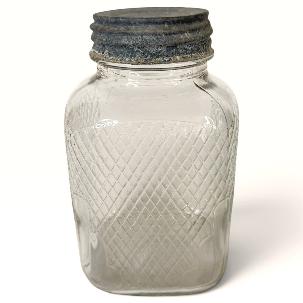 Vintage Waffle Grid Square Glass Canning Jar Storage Diamond Quilted Zinc Lid